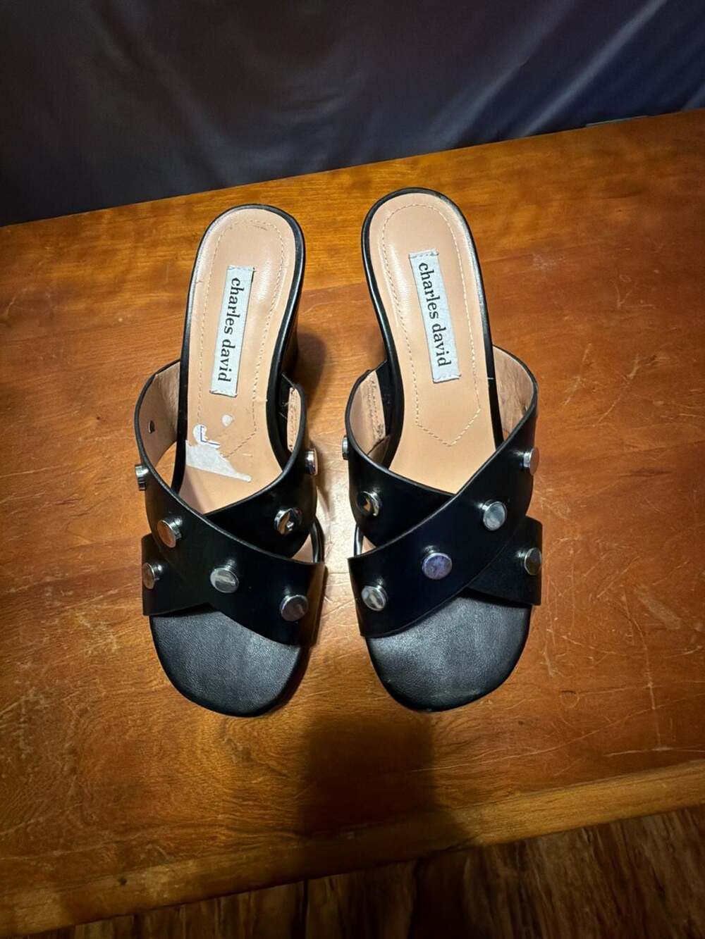 Charles David Raye Wedge Sandal Size 7.5M Black Studded Slide Mules